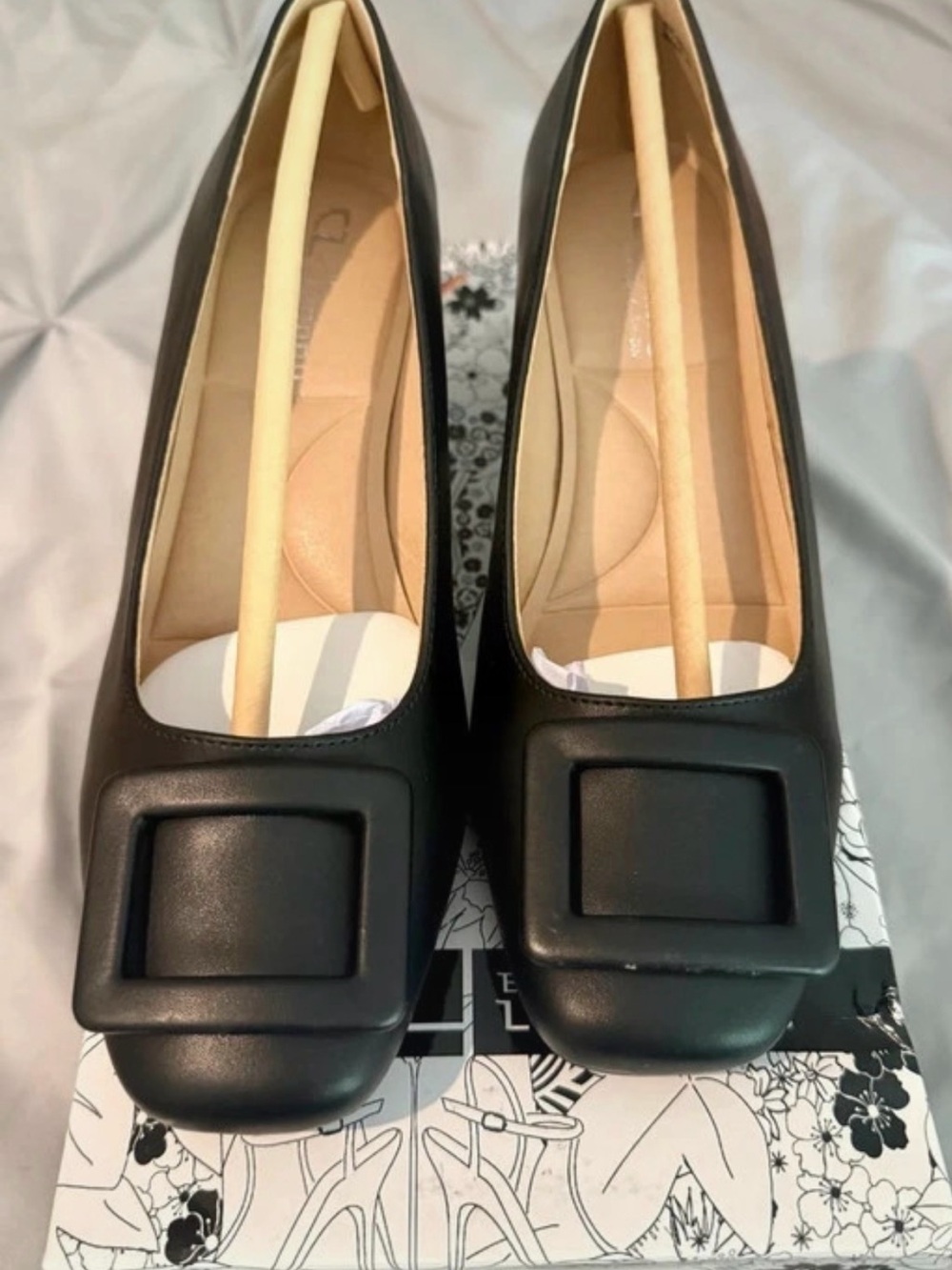 CL by Laundry Black Square Buckle Ballet Flats